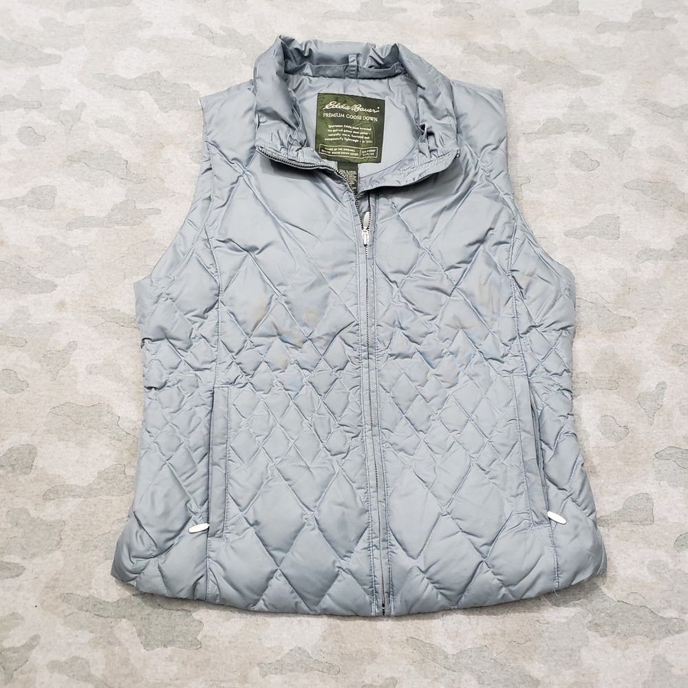 Eddie Bauer Goose Down Puffer Vest Womens Medium Blue Diamond Quilted Full Zip